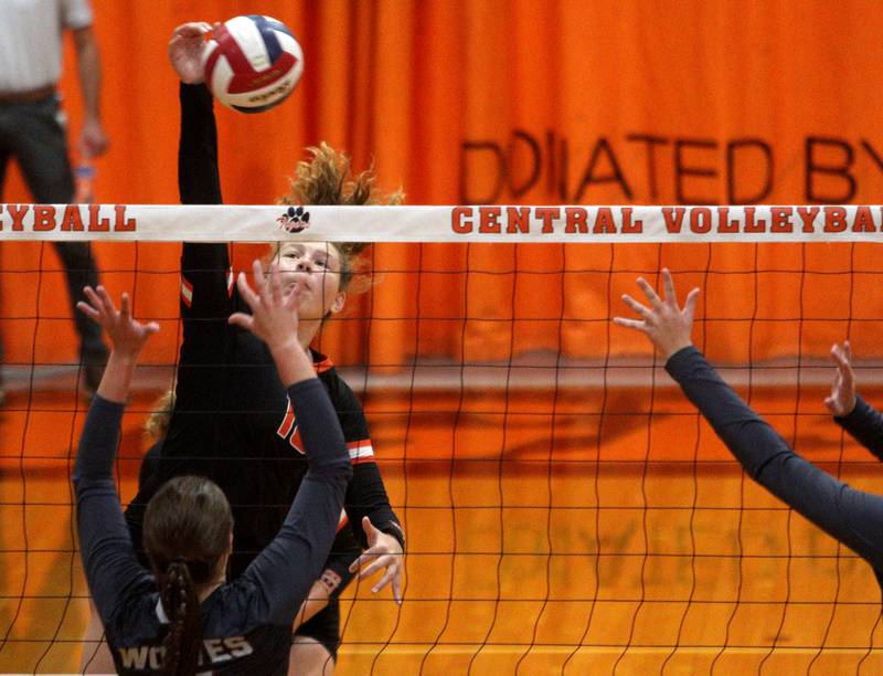 Crystal Lake Central’s Vivian Akalaonu sends the ball over the net against Prairie Ridge in varsity volleyball at Crystal Lake Central Thursday night.