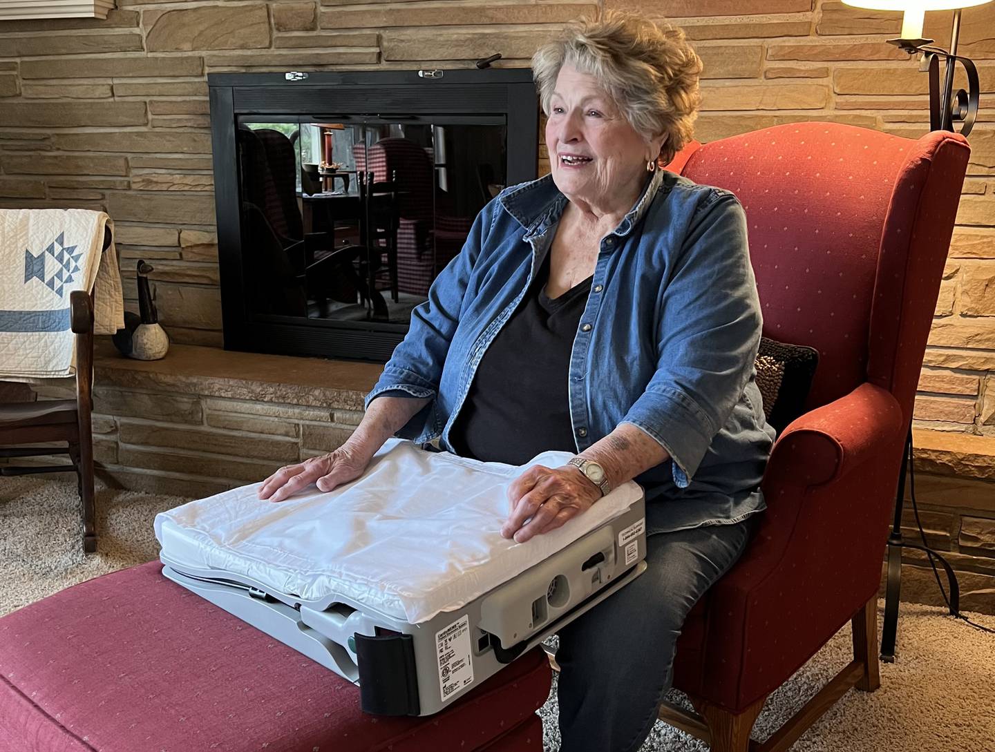 On March 3, 2023, Diana Morrasy-Carls smiles while talking about the peace of mind she's found since she was implanted with a CardioMEMs device at Northwestern Medicine Kishwaukee Hospital.