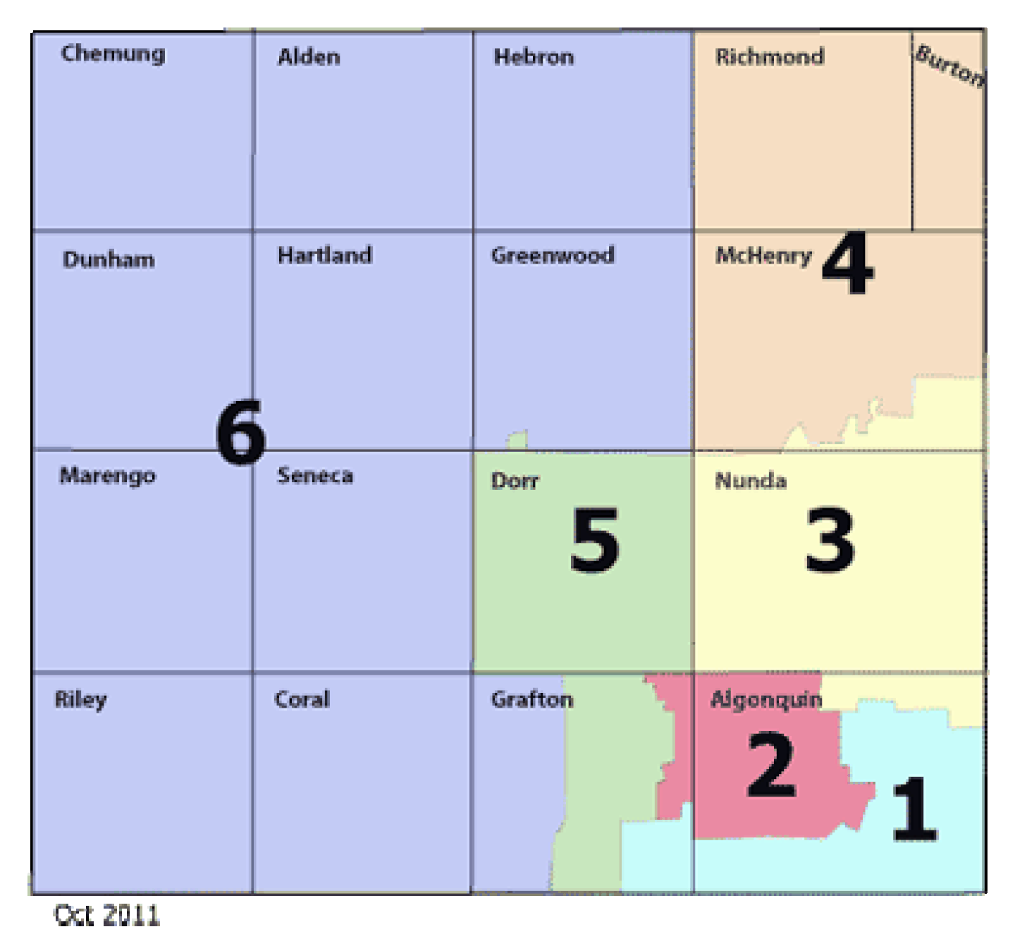 The McHenry County Board is currently divided into six districts, each represented by four members.