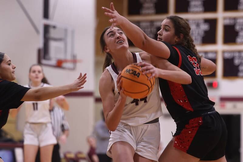 Lockport’s Alaina Peetz draws the foul taking a shot against Bradley-Bourbonnais on Thursday, Jan 16, 2025 in Lockport.