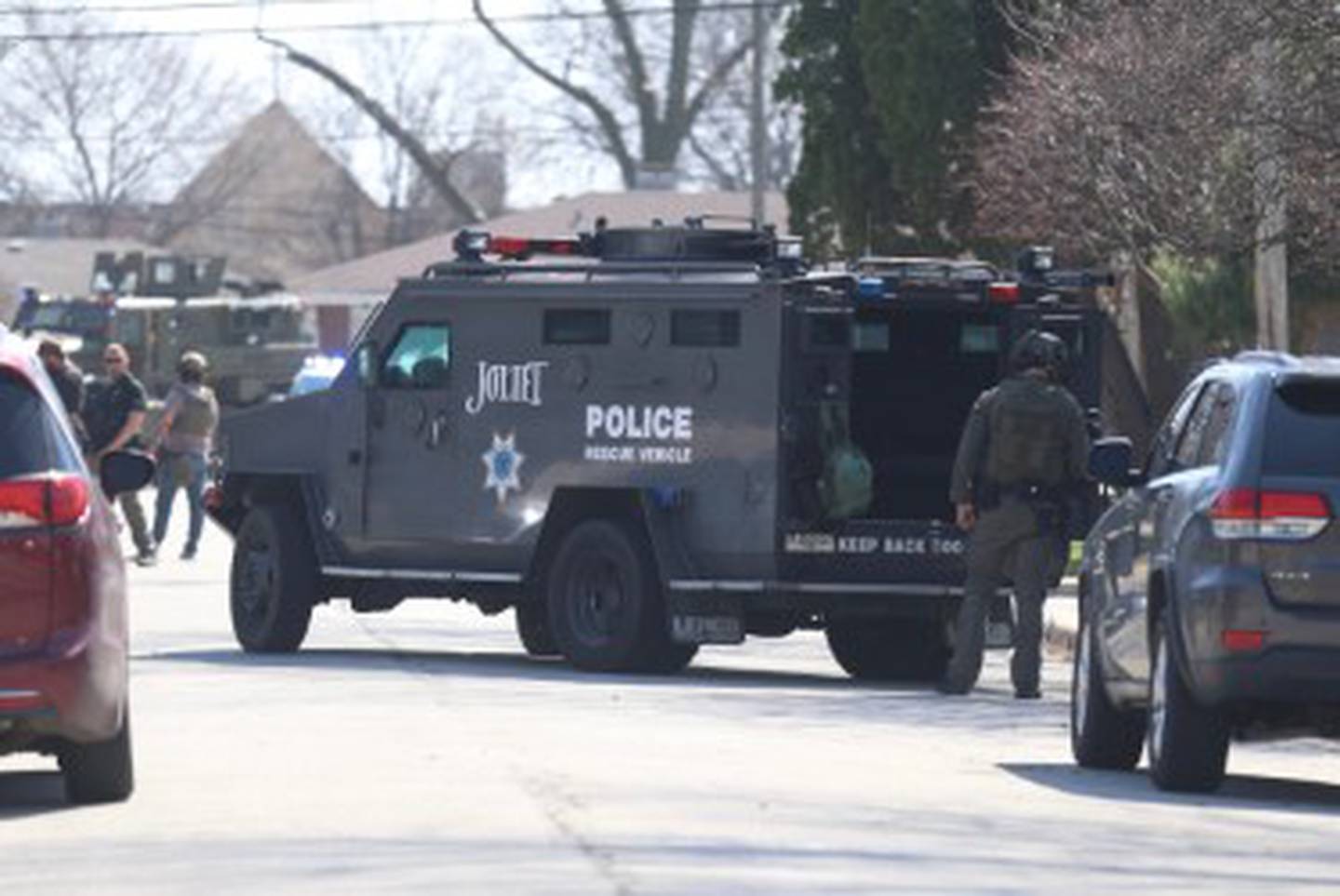 A Joliet Police Department SWAT vehicle is at the scene in the area of McDonnaugh Street and Hammes Avenue in Joliet after a person barricaded themelves inside a home on Monday, March 30, 2026.
