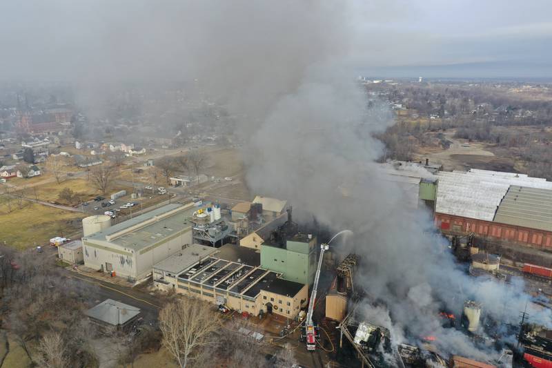 An aerial view of a massive fire at Carus Chemical Company on Wednesday, Jan. 11, 2023 in La Salle.