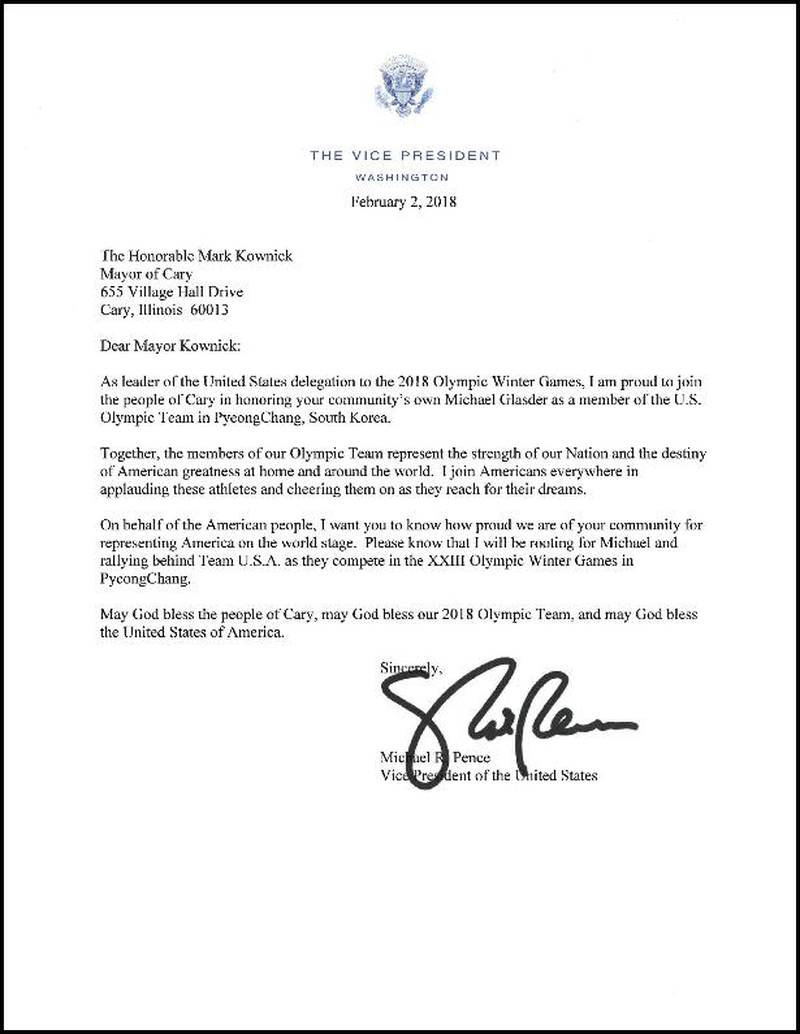 Vice President Mike Pence sent a letter to Cary Mayor Mark Kownick last week honoring Mike Glasder, who grew up in Cary and trained at Norge Ski Club in Fox River Grove.