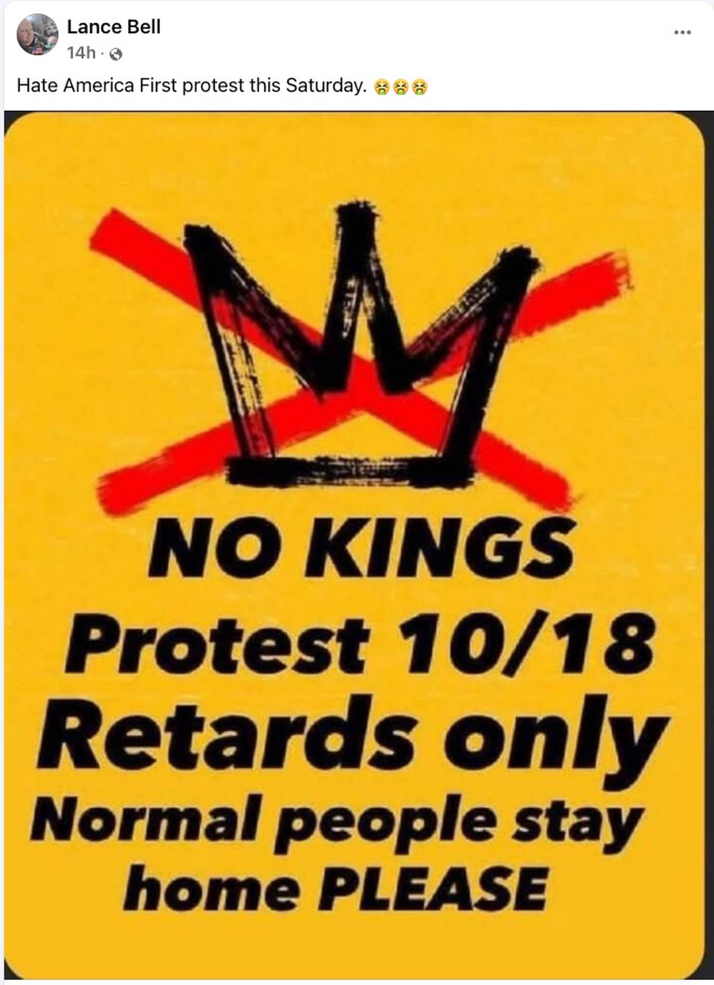 Former GOP candidate for Kane County Board Chairman Lance Bell reposted a graphic making fun of the Oct. 18 No Kings rally on his Facebook. The post included the r-word, a slur against people with disabilities, sparking a social media backlash.
