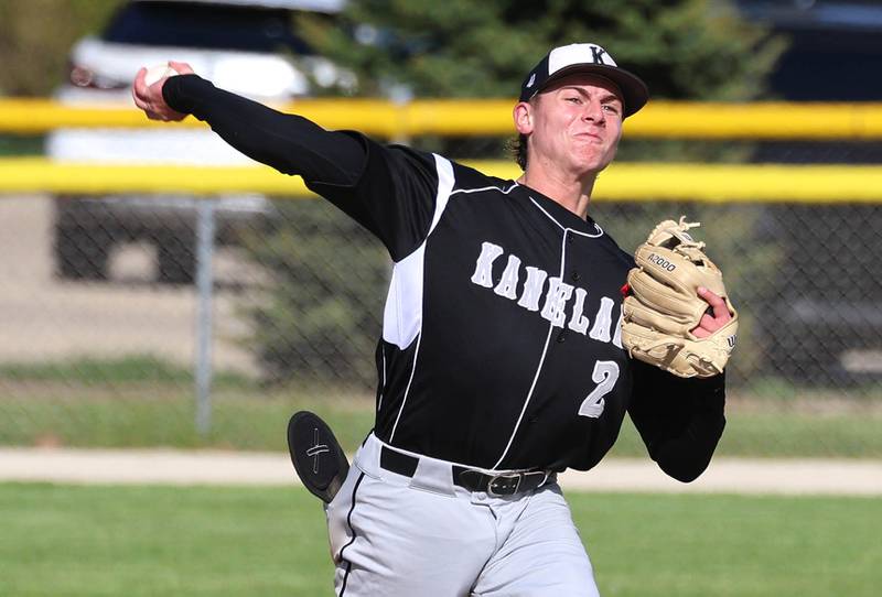 Kaneland's Kanon Baxley fires the ball across the diamond Tuesday, April 28, 2026, during their game against Sycamore at the Sycamore Community Sports Complex.