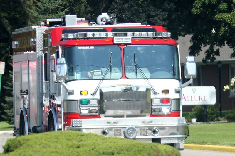 A Peru fire truck departs the scene of a small fire inside of Allure of Peru on Tuesday, Aug. 5, 2025 in Peru. Once fire crews arrived on the scene, smoke could be seen coming from a electrical panel in the kitchen. Several residents were evacuated. No injuries were reported. Minor damage was reported and residents were allowed to return inside.