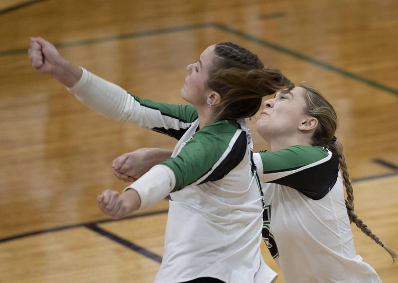 Rock Falls’ Kacie Witherow (left) and Carolyn Masini collide in a game against Lasalle-Peru Wednesday, Sept. 4, 2024, at Rock Falls High School.