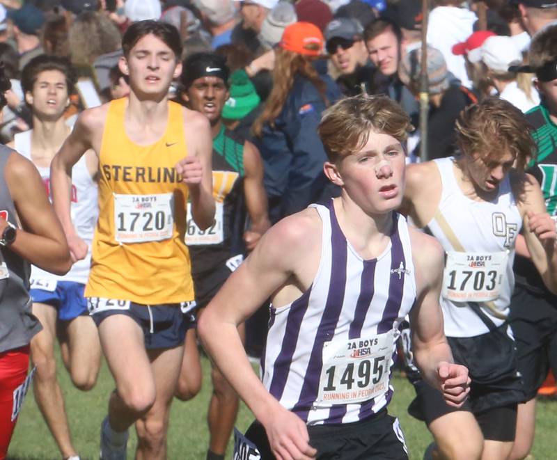 Sterling's Alain Schmidt and Dixon's Averick Wiseman compete in the Class 2A State Cross Country race on Saturday, Nov. 4, 2023 at Detweiller Park in Peoria.