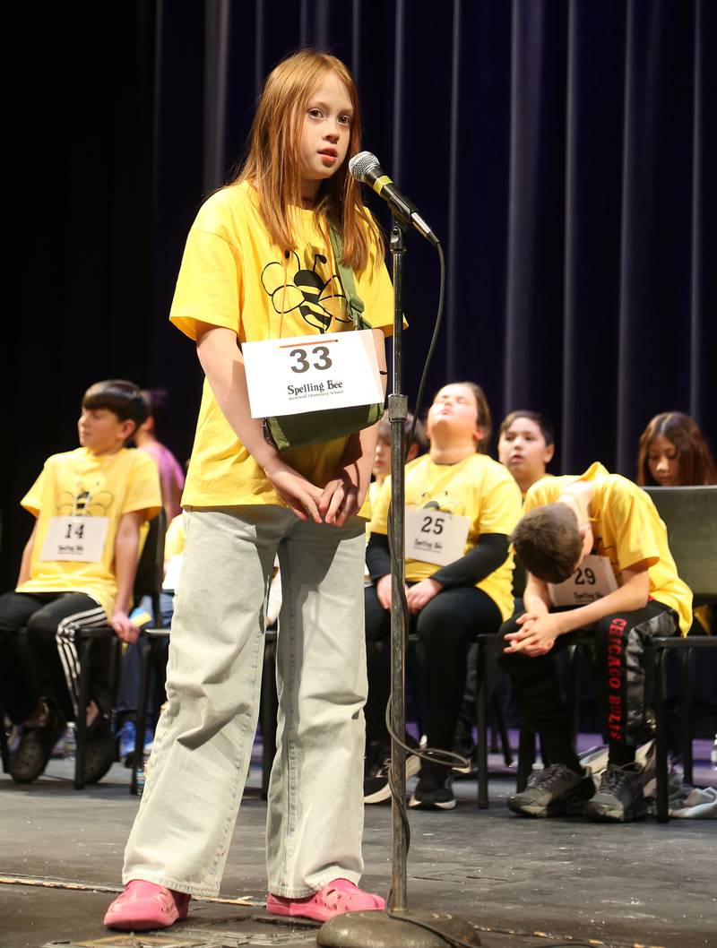 Baylee Durrant participates in the Kaneland School District 302 Spelling Bee on Tuesday, Jan. 14, 2025 at Kaneland High School in Maple Park.