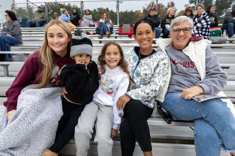Bella Smego, Remington Anderson, Ella Anderson, Doris Archer, and Janell Anderson enjoy the fall weather while cheering on the Morris varsity soccer team as they take on Streator at Morris High School on Oct. 15, 2025.