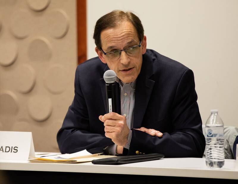 Park District Board Candidate Dr. Peter Cladis speaks during the League of Women Voters' Public Forum  at the Geneva Public Library  on Thursday, Feb. 16, 2023.