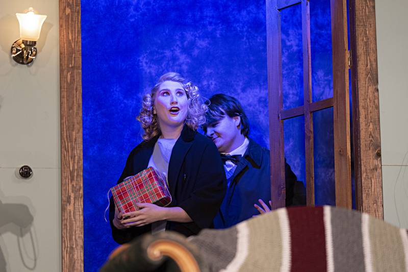 Playing the part of Alice, Rhylee Hinkle enters the scene during rehearsal for PACT’s “The Game’s Afoot.”