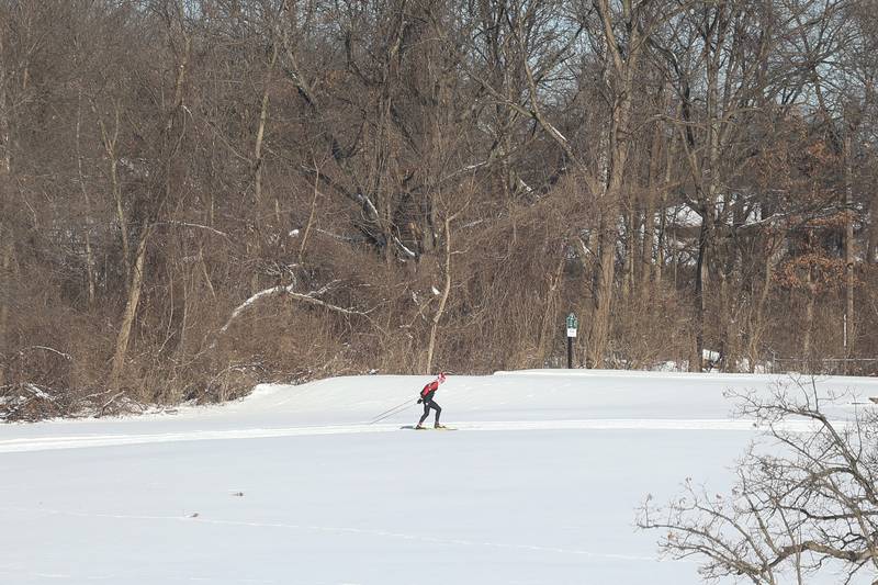 Jan Myrda, Former Polish national team and World Cup racer, takes the early lead in the Joliet Nordic Ski Club 12k race on Saturday, Jan. 20th, 2024 at Woodruff Golf Course in Joliet.