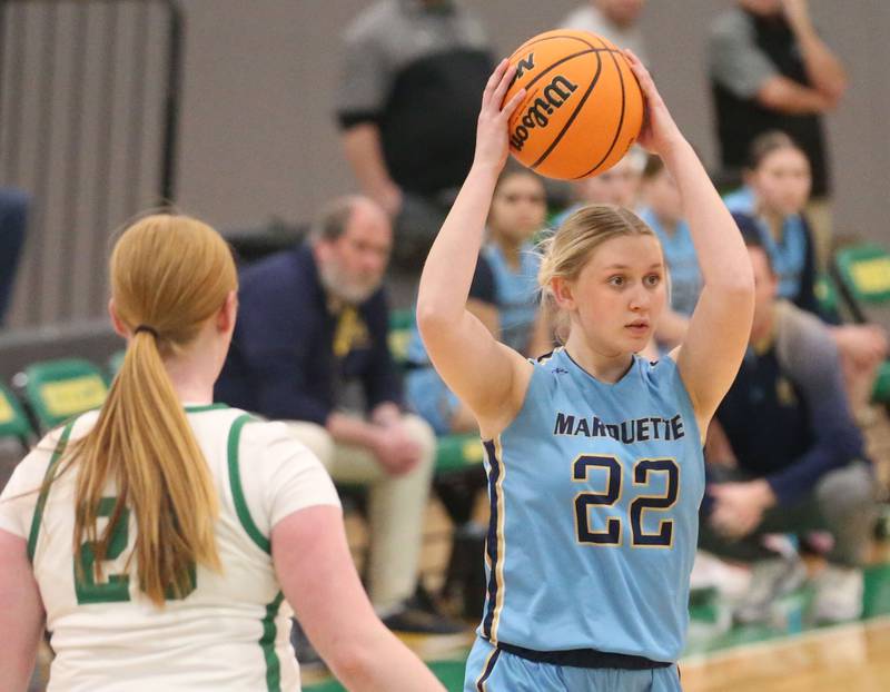 Marquette's Navaeh Corcoran looks to pass the ball around Seneca's Gracie Smith on Thursday, Feb. 5, 2026 at Seneca High School.