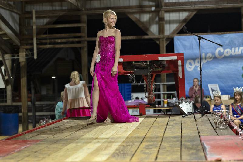 Brooklyn Pogensee, 18, competes in the Ogle County Queen pageant Thursday, July 30, 2025, at the Ogle County Fairgrounds.