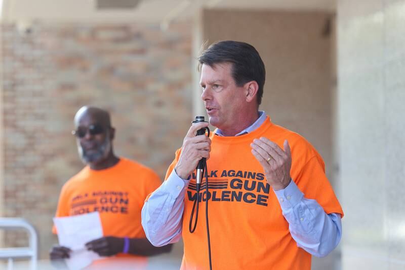 Kankakee Mayor Chris Curtis speaks to a crowd of approximately 100 people ahead of the 2nd Walk Against Gun Violence in Kankakee on Tuesday, April 29, 2025.