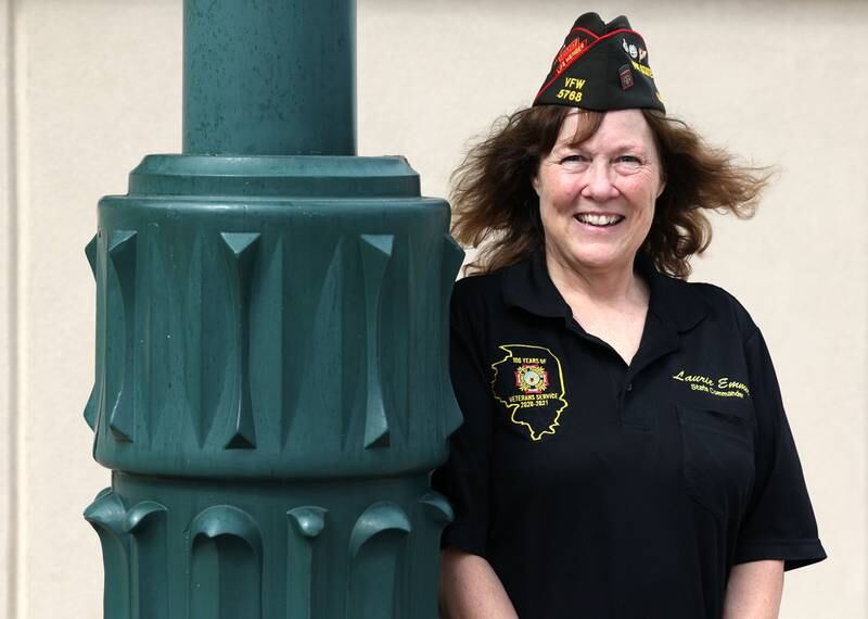 DeKalb County Board member and U.S. Army veteran Laurie Emmer, first woman to command the Illinois Veterans of Foreign Wars, talks Wednesday, Oct. 4, 2023 in the Sycamore Veterans Club about what her term as the state commander was like.