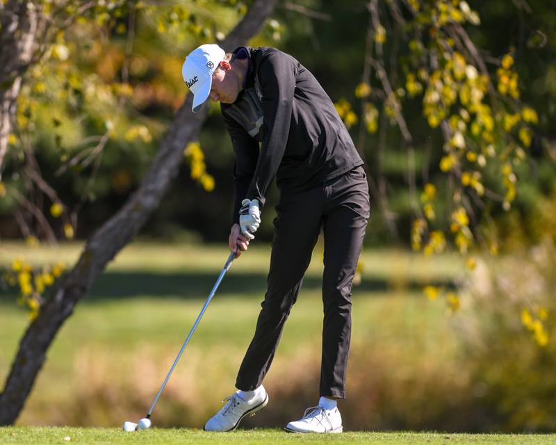 Downers Grove North's Colton Presson tees off on Monday Oct. 7, 2024, during the 3A sectional match held at Blackberry Oaks Golf Course in Bristol.
