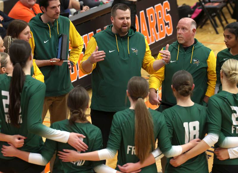 Fremd head coach Pete Gavin talks to his team during a time out Monday, Nov. 11, 2024, in their Class 4A supersectional match against Huntley at DeKalb High School.