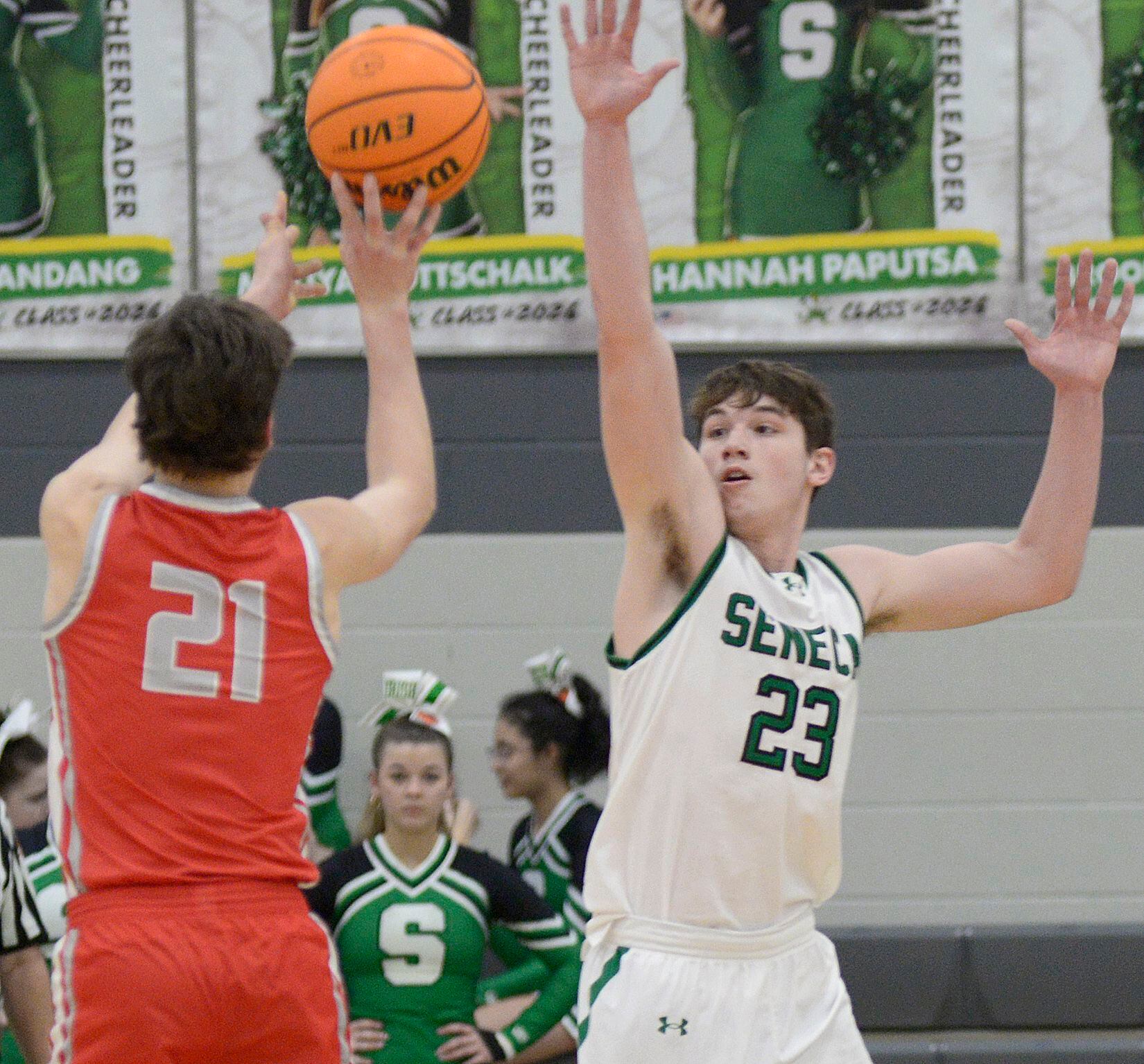 Seneca’s Brady Sheedy works to stop a shot by Streator’s Brennen Stillwell in the second period Tuesday at Seneca.