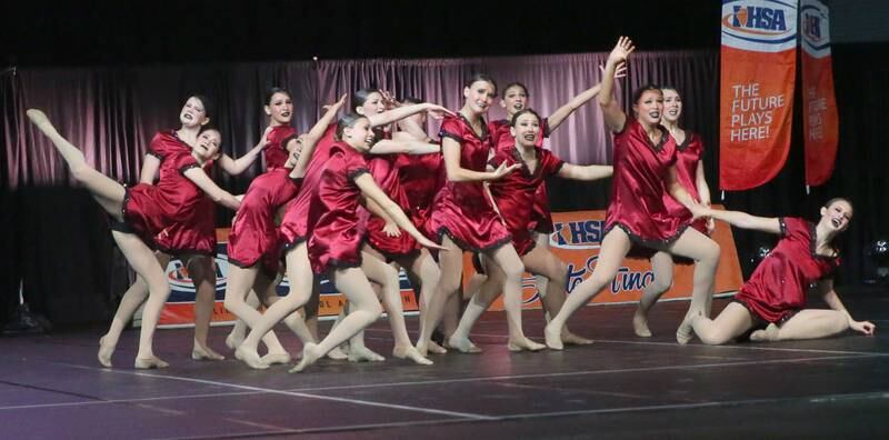 Members of the St. Charles East dance team perform during the IHSA State Dance competition on Saturday, Feb. 1, 2025 at Grossinger Motors Areana in Bloomington.
