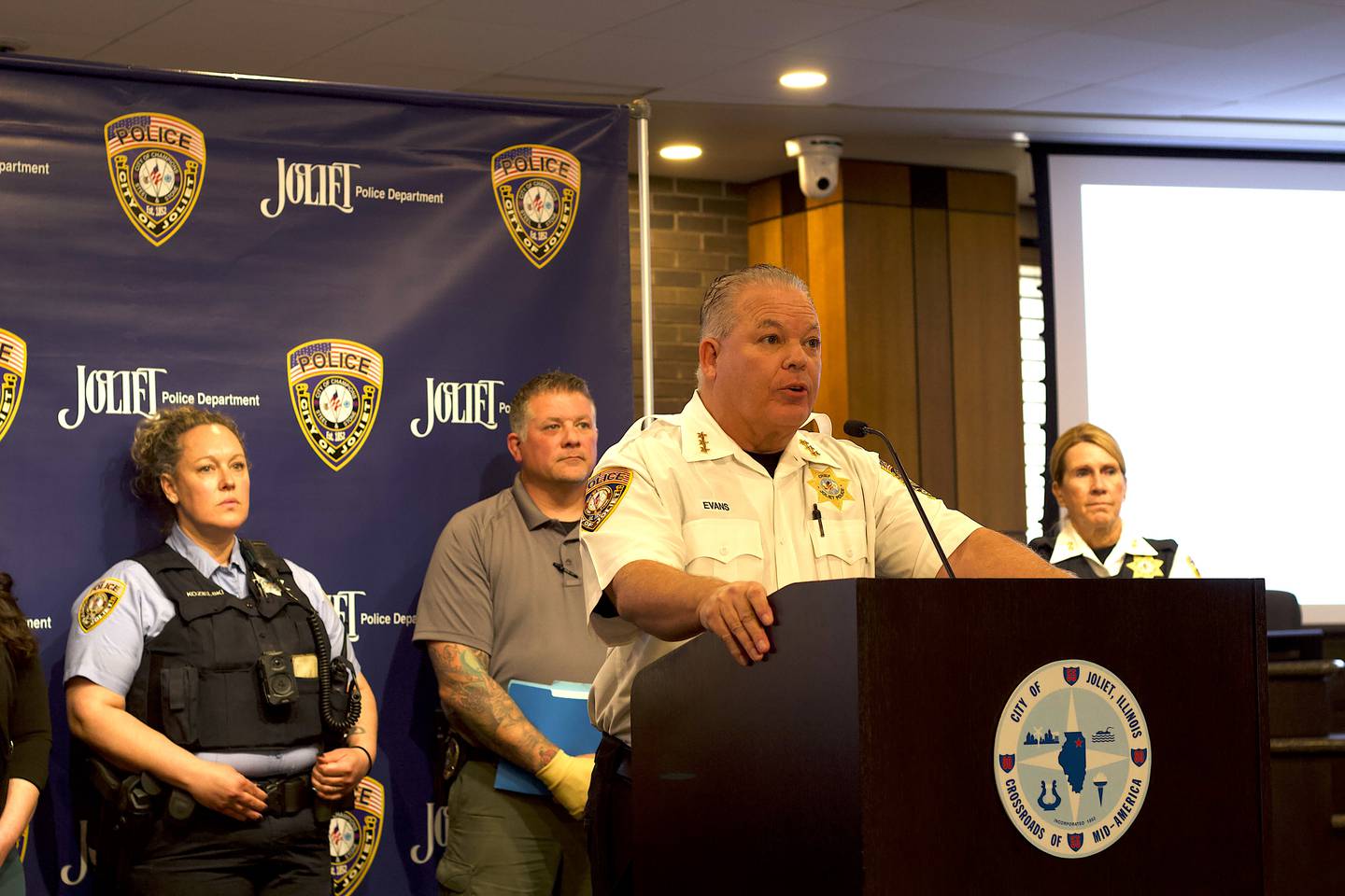 Joliet Police Chief Bill Evans at a news conference about a drug and animal cruelty police investigation on Thursday, April 30, 2026, at Joliet City Hall.