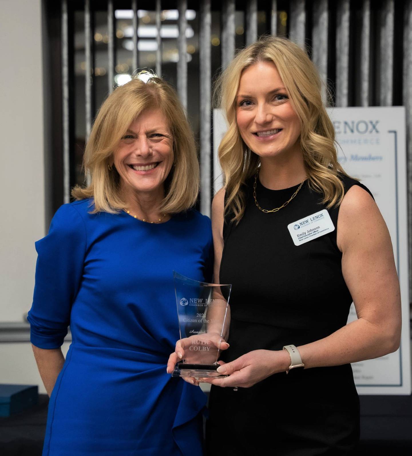 Silver Cross Hospital President and Chief Executive Officer Ruth Colby, left, was named New Lenox Citizen of the Year at the New Lenox Chamber of Commerce’s Annual Dinner Feb. 15. She’s pictured here with New Lenox Chamber CEO Emily Johnson.