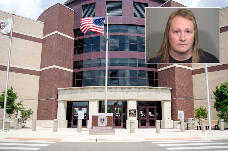 Inset of Alyssa Popp, 31, of Fort Atkinson, Wisconsin, in front of McHenry County courthouse.