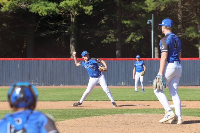 Clifton Central's Blake Chandler throws to first base for an out during Central's 8-4 victory over Kankakee on Monday, May 11, 2026.