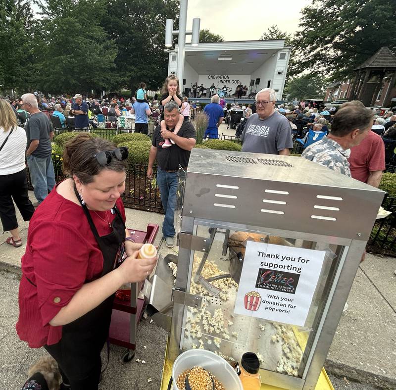 Mt. Morris Senior & Community Center Director Melissa Rojas was busy popping popcorn on the opening night of the 2025 Mt. Morris Jamboree Music Series on Friday, June 13, 2025. A large crowd turned out to hear Rick Lindy and his band pay tribute to Roy Orbison.