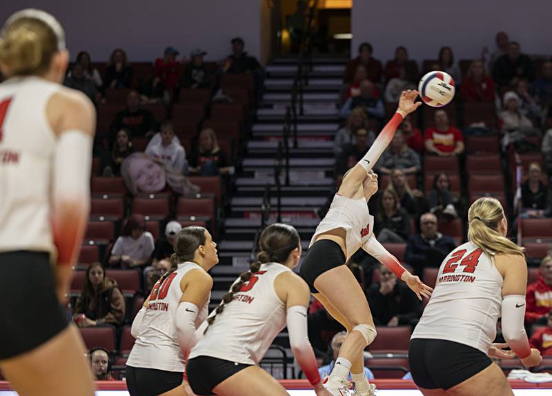 Barrington’s Hope Regas hammers a shot against Mother McCauley in the 4A state semifinal Friday, Nov. 10, 2023 at CEFCU Arena in Normal.
