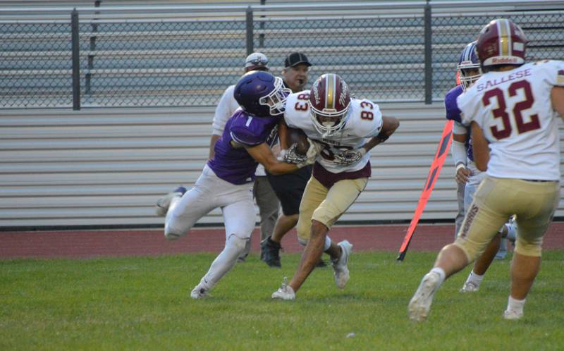 Rochelle's Aiden Lopez (1) tackles a Morris player during their junior varsity football game this week. Rochelle won 12-8.