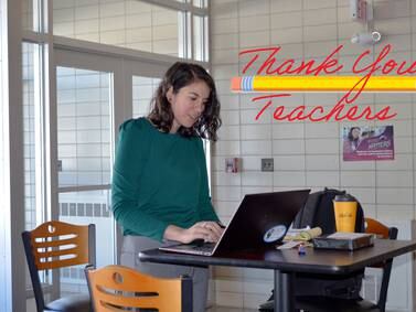 Even on sabbatical, ‘Ms. Rad’ connects with students from spot in school foyer