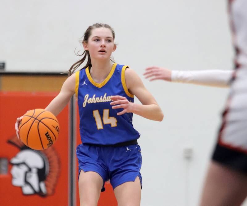 Johnsburg’s Summer Toussaint looks for an option in varsity girls basketball on Saturday, Jan. 4, 2025, at McHenry High School in McHenry.