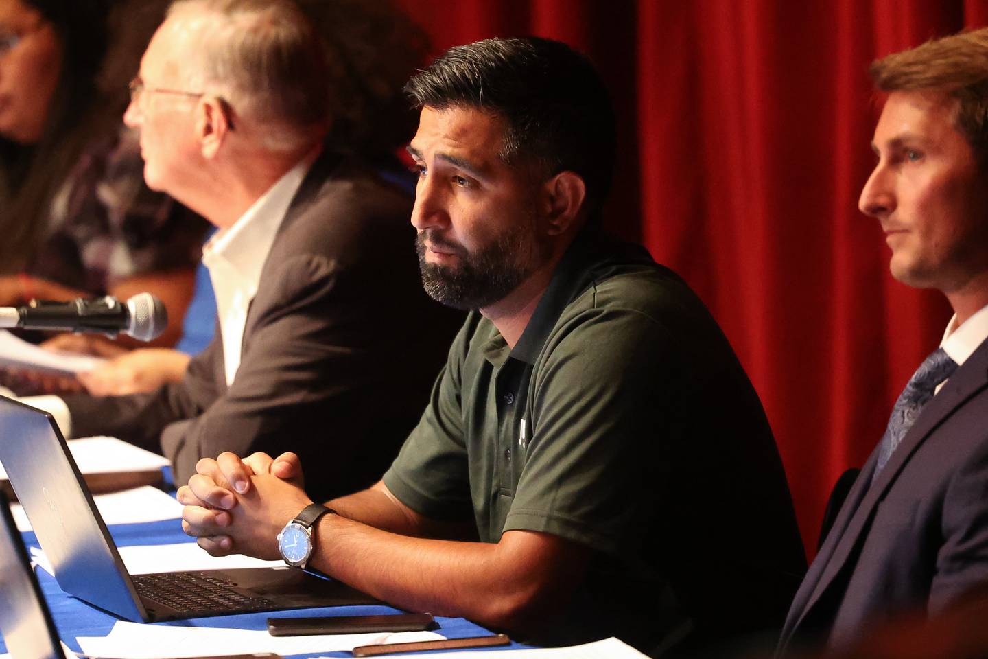 Joliet Township Supervisor Angel Contreras leads the meeting at a pack Billie Limacher Bicentennial Park theater on Tuesday, Oct. 10, 2023 in Joliet.