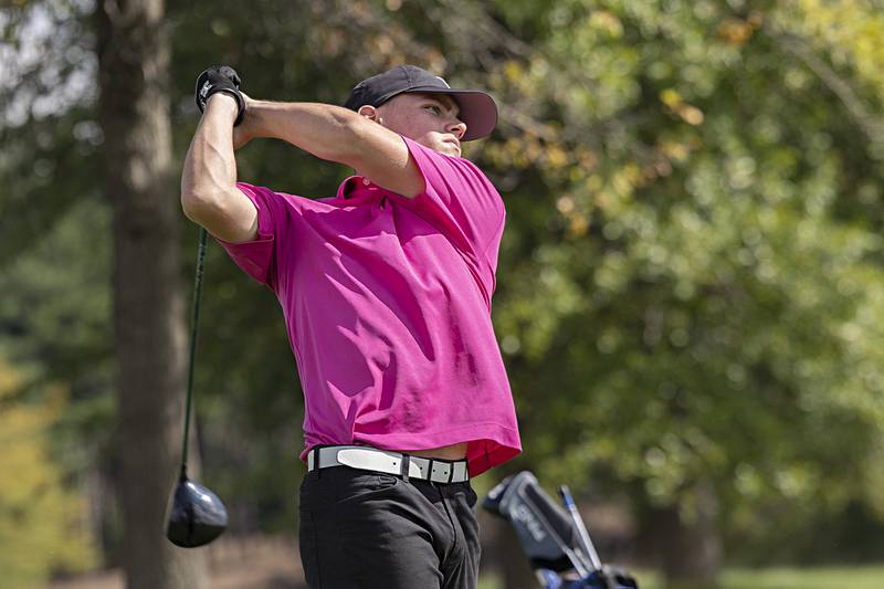 Rock Falls’ Conner Porter tees off on #1 Wednesday, Sept. 27, 2023 during the class 2A golf regionals at Deer Valley Country Club.