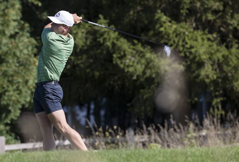 Rock Falls’ Conner Porter tees off to start his day against Oregon Tuesday, Sept. 3, 2024, at Silver Ridge Golf Club in Oregon.