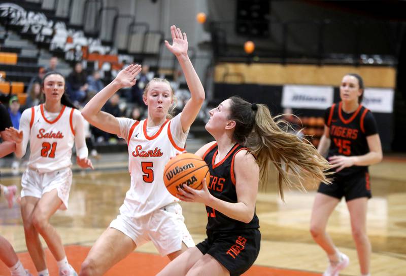 Wheaton Warrenville South's Shea Carver attempts a shot past St. Charles East's Brooklyn Schilb during a game against on Tuesday, Feb. 11, 2025 in St. Charles.