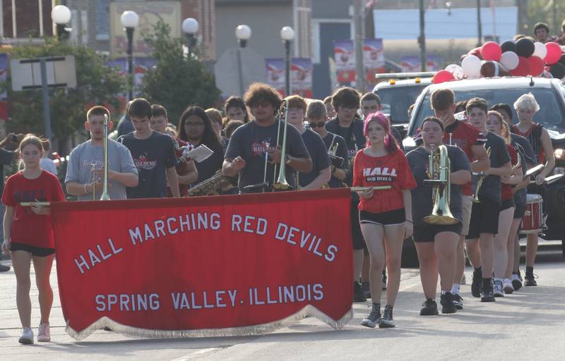 The Hall High School band marches during the Homecoming parade on Thursday, Sept. 18, 2025 downtown Spring Valley.