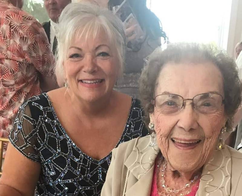 Peggy McEvilly-Reed (left) will appear on a Wheel of Fortune’s “Secret Santa Holiday Giveaway” show at Tuesday, 6:30 p.m., Dec. 14, 2021, on WLS (ABC7). Her mother Ann McEvilly (right, now deceased), was a longtime fan of the show and urged McEvilly-Reed to audition.