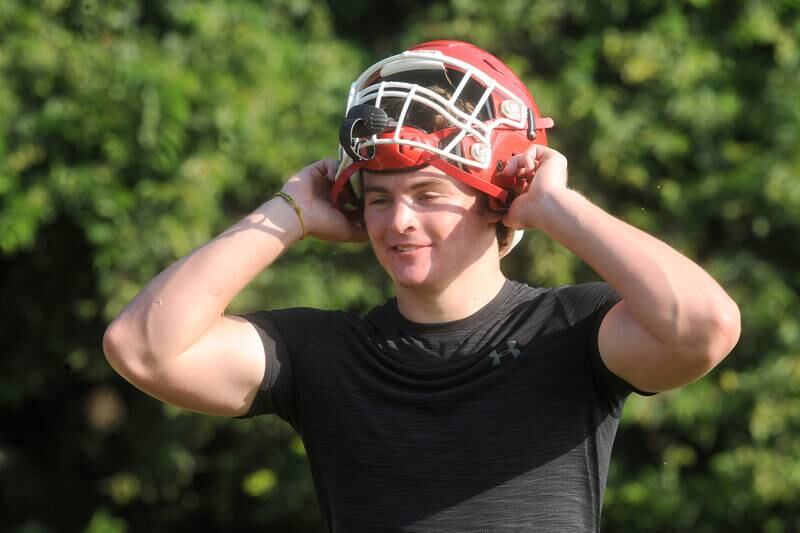 Yorkville's Ben Alvarez gets ready for blocking drills during football practice at Yorkville High School on Tuesday, Aug 8, 2023.
