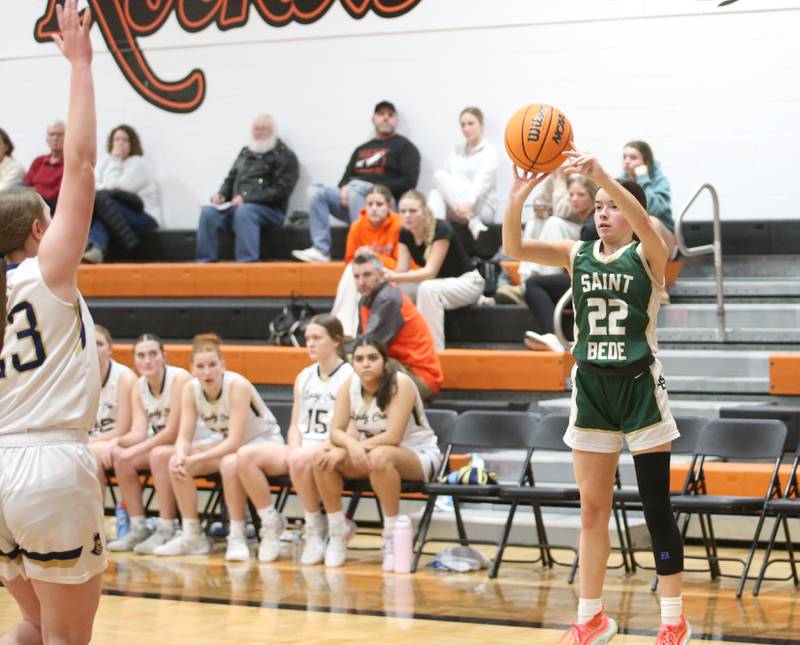St. Bede's Bailey Engels shoots a wide-open jump shot over Marquette's Kelsey Cuchra during the Tri-County Conference championship game on Thursday, Jan. 23, 2025 at Roanoke-Benson High School.