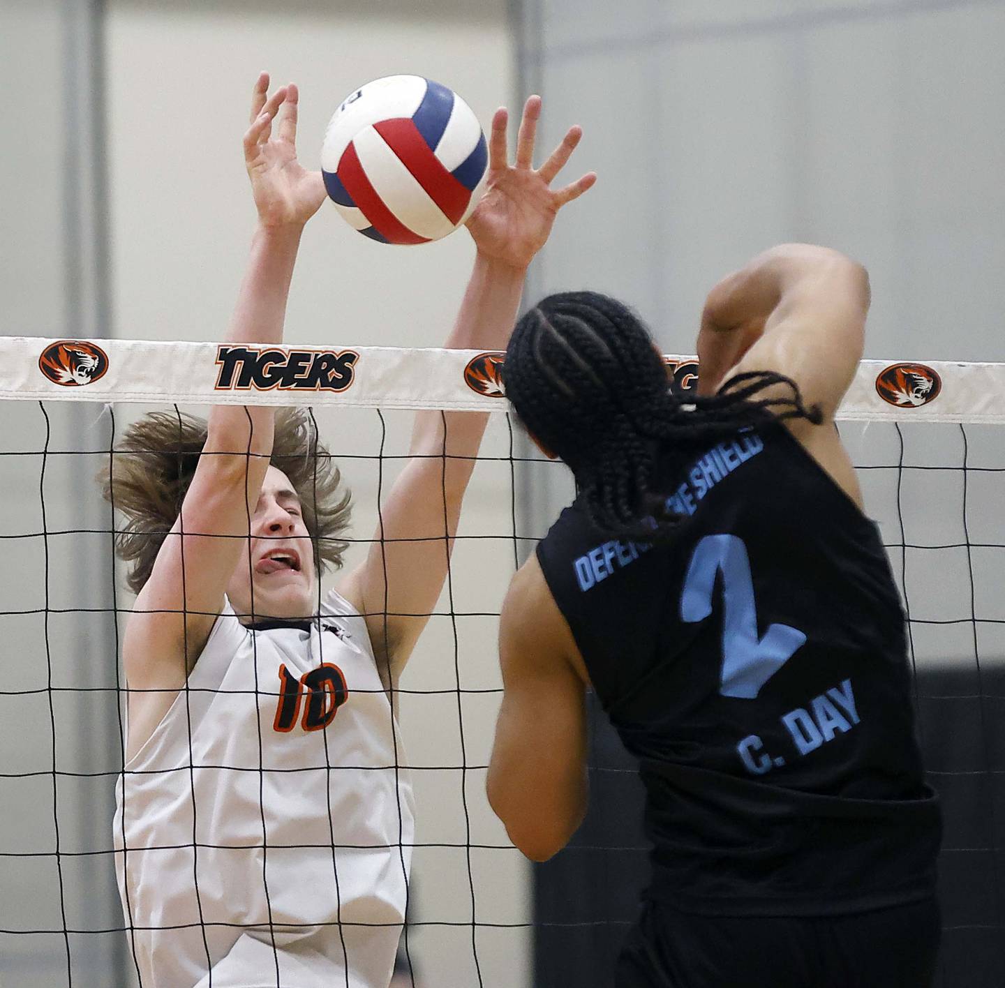 Wheaton Warrenville South’s Trevor Paige, (6) and Simon Bratt (10) try to stop a Belleville East shot during the 20th Annual Tiger Classic Saturday, April 13, 2024 at Wheaton Warrenville South High School.