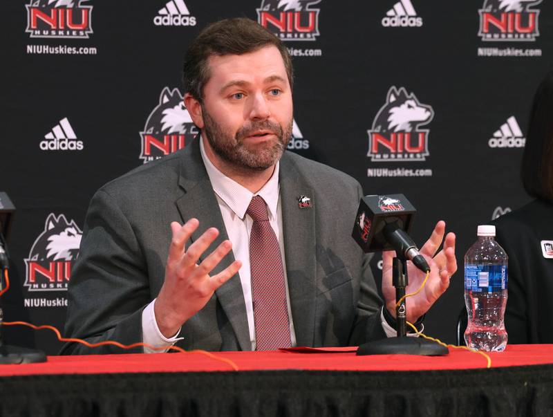 New Northern Illinois University men’s head basketball coach Matt Majkrzak speaks Tuesday, March 24, 2026, during a press conference introducing him in the Convocation Center at NIU in DeKalb.