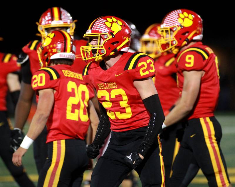 Batavia’s Josh Kahley celebrates a tackle during a Class 7A round 1 playoff game against Brother Rice in Batavia on Friday, Oct. 27, 2023.