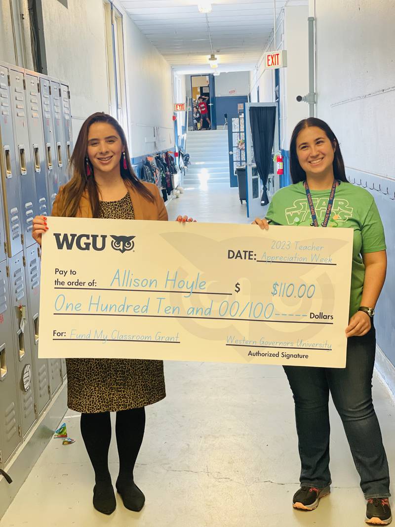 Allison Hoyle, a junior high science teacher in DePue, received a $110 grant through Western Governors University’s “Fund My Classroom” initiative. Hoyle is photographed with WGU Senior Regional Strategic Partnership Manager Dalila Duarte.