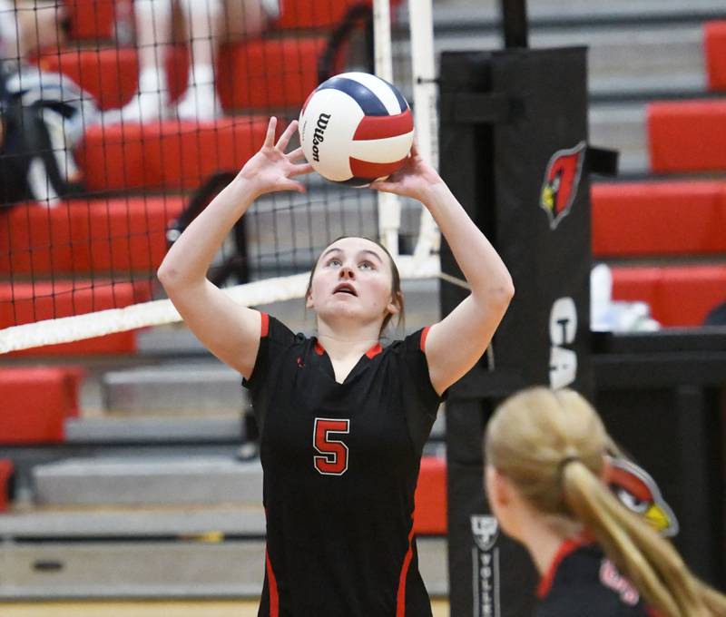 Fulton's Brianne Brennan sets the ball in one of the matches  at the Stillman Valley Tournament on Saturday, Oct. 25, 2025 at Stillman Valley High School.