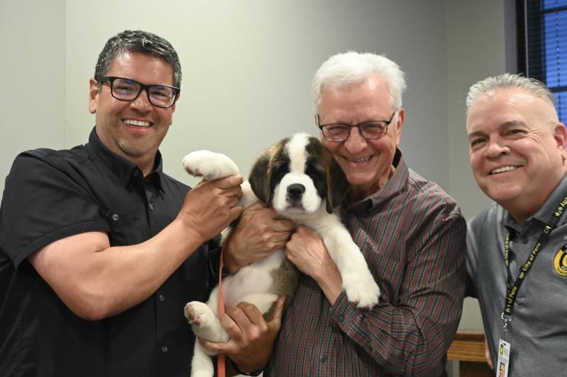 Alderman Andy Moreno, Alderman Mike Sapienza and Alderman Rick O'Sadnick with Haven.