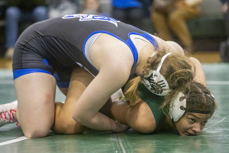 Alicia Tucker of Plainfield Central High School takes second place at sectionals to Kiernan Farmer of Peotone High School during girls wrestling sectionals at Geneseo High School on February 10, 2024.