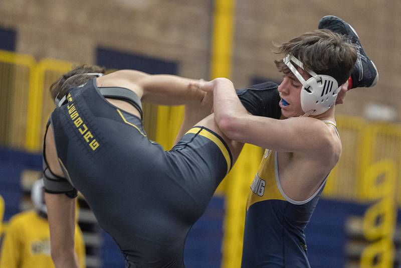 Sterling’s Austin Clemens controls Galesburg’s Caleb Johnson on his way to winning the 145 pound third place match at the Sterling wrestling regional.